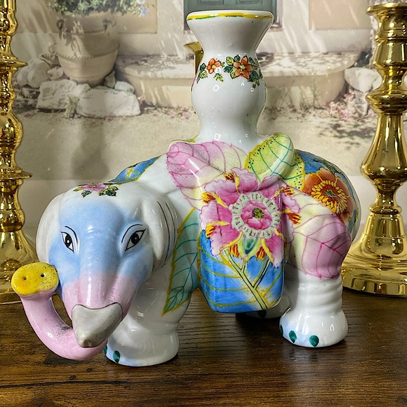 Vintage Tobacco Leaf Hand Painted Porcelain Elephant Candle Holder